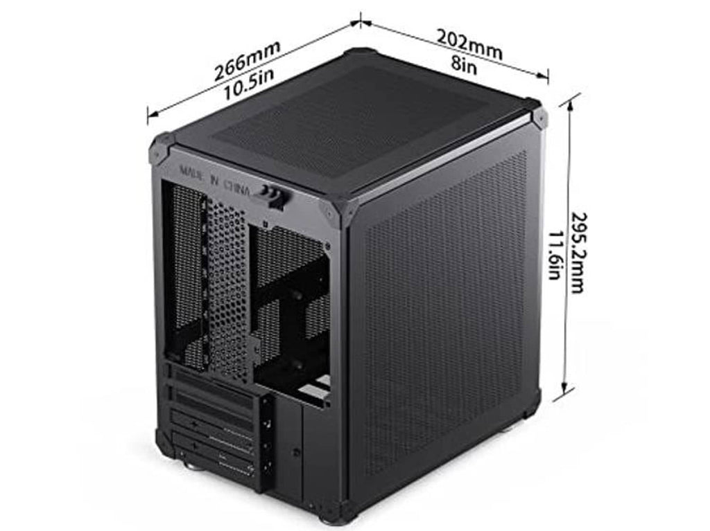 Black mini micro-ATX PC case with mesh top and side vents, with size measurements shown