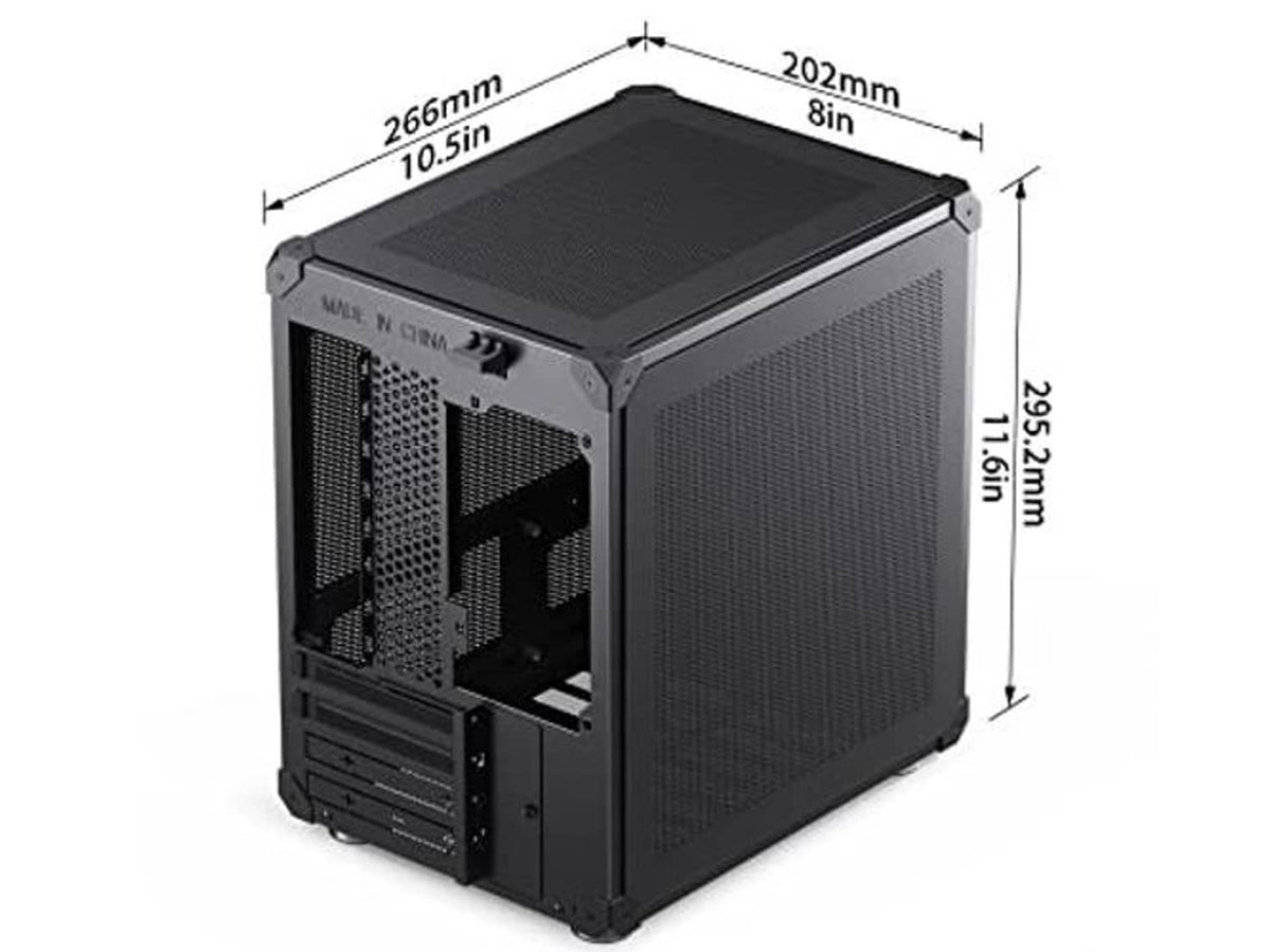 Black mini micro-ATX PC case with mesh top and side vents, with size measurements shown