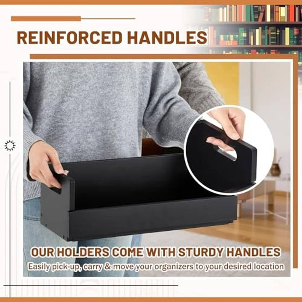 Black CD storage rack with reinforced top handle for lifting and carrying
