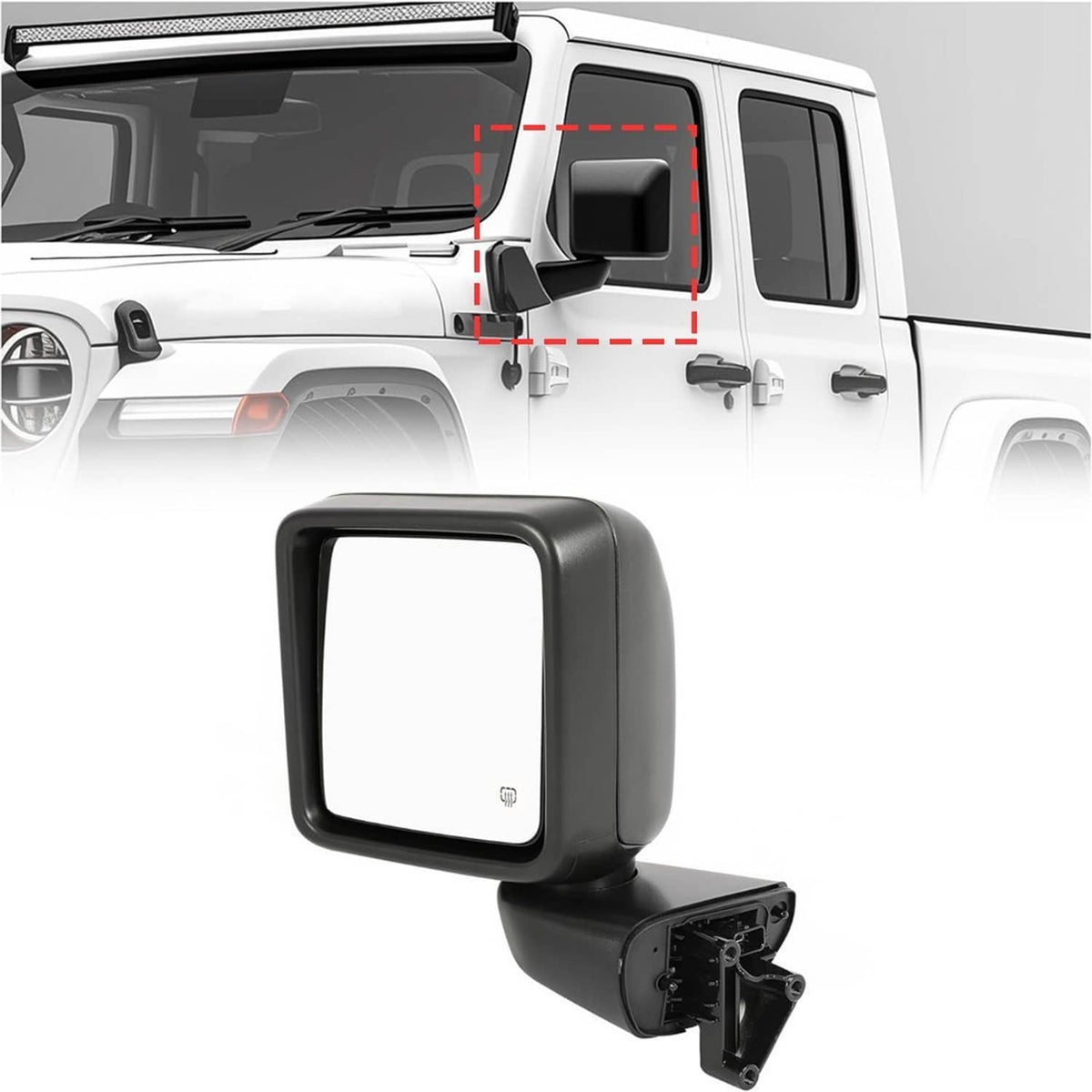 Black side mirror installed with red guide lines on vehicle door area