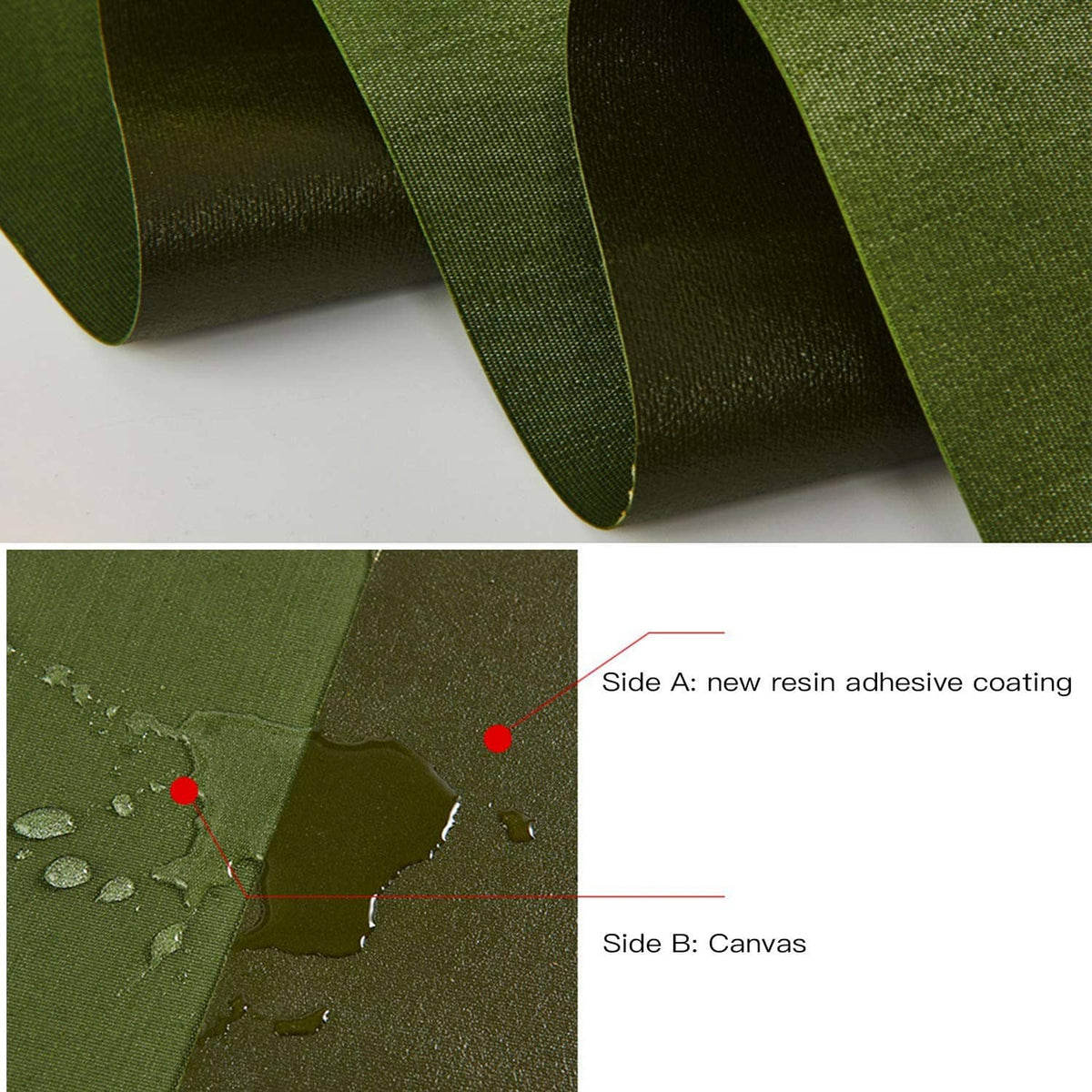 Green waterproof tarp surface with water beads on resin-coated finish, side view