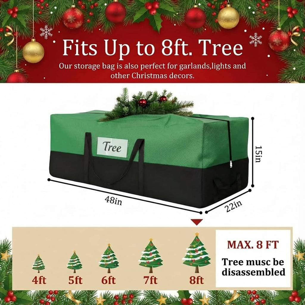 Green and black tree storage bag sized for up to 8 ft artificial trees