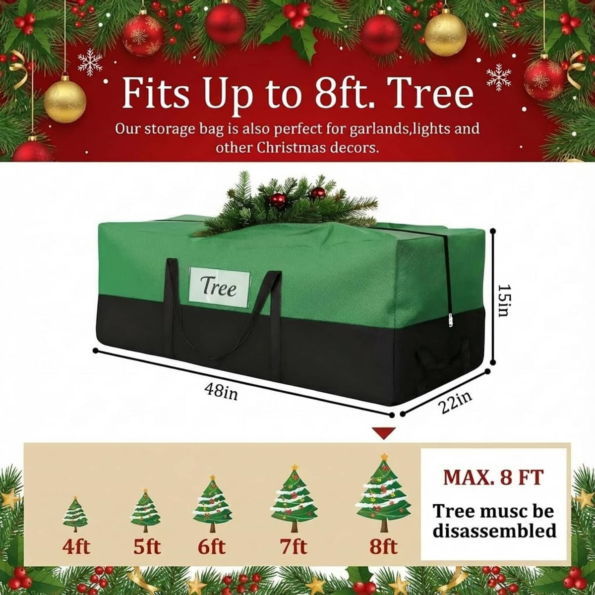 Green and black tree storage bag sized for up to 8 ft artificial trees