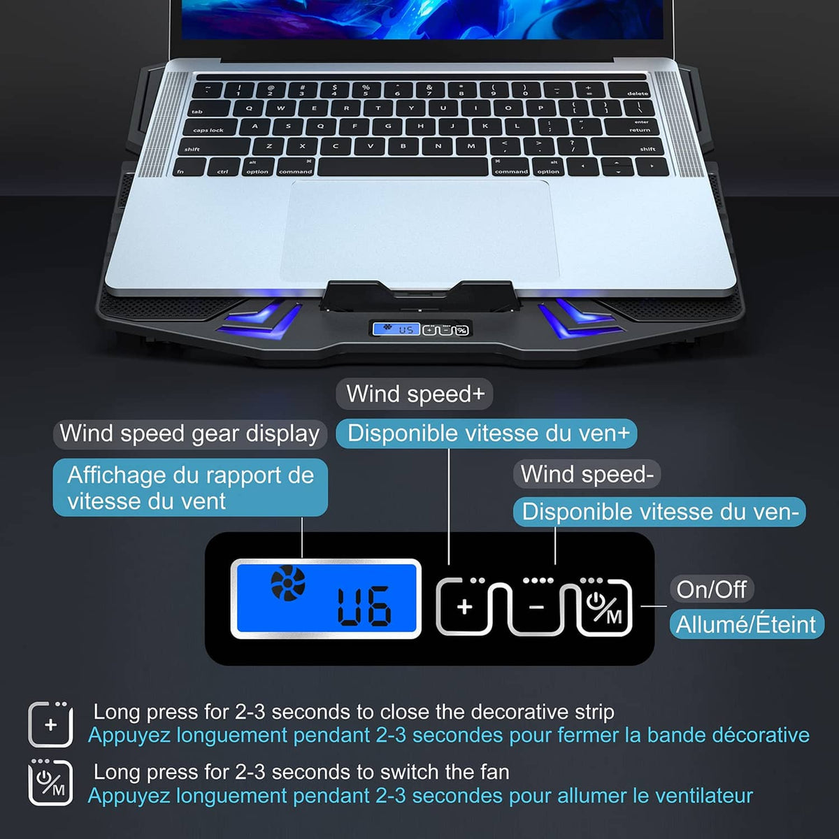 Laptop cooling pad with blue-lit control display and fan grille under keyboard