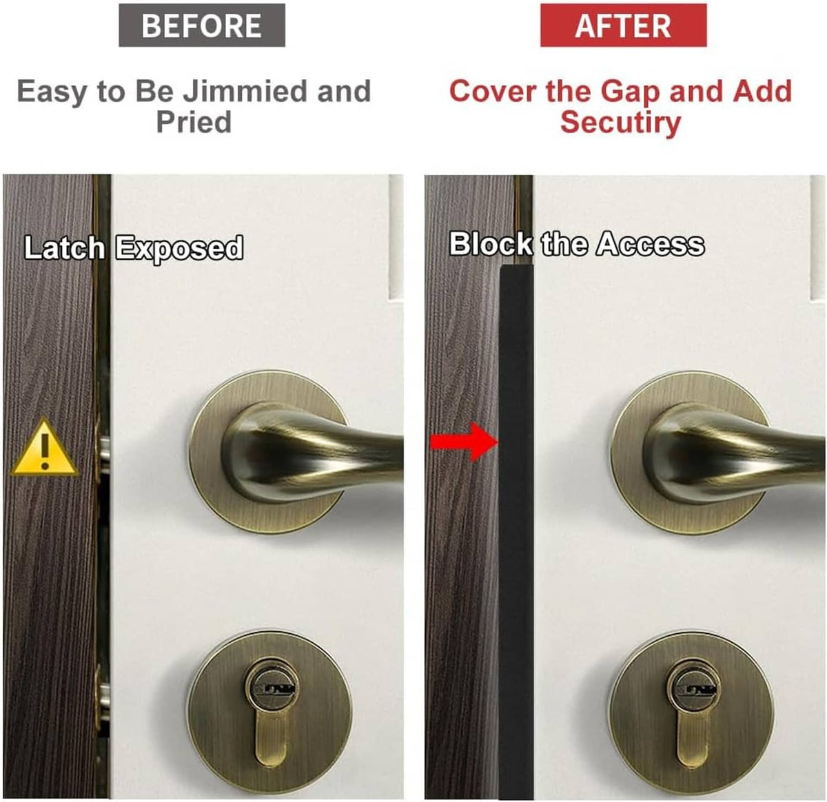 L-shaped door latch guard plate shown covering a door latch gap for added security.