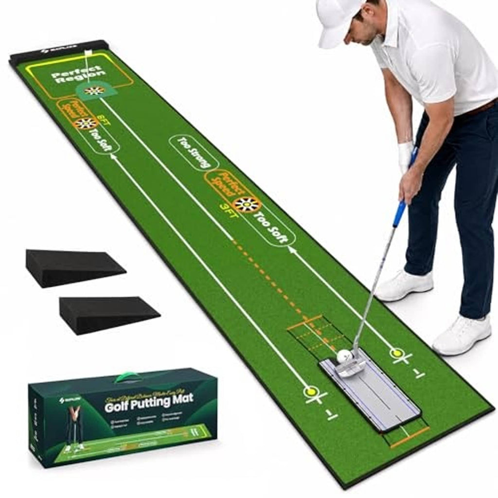 Green putting mat with alignment grid, target rings, and training guide gates