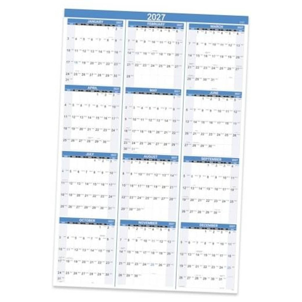2027 wall calendar front view with blue month bars and twelve monthly panels.