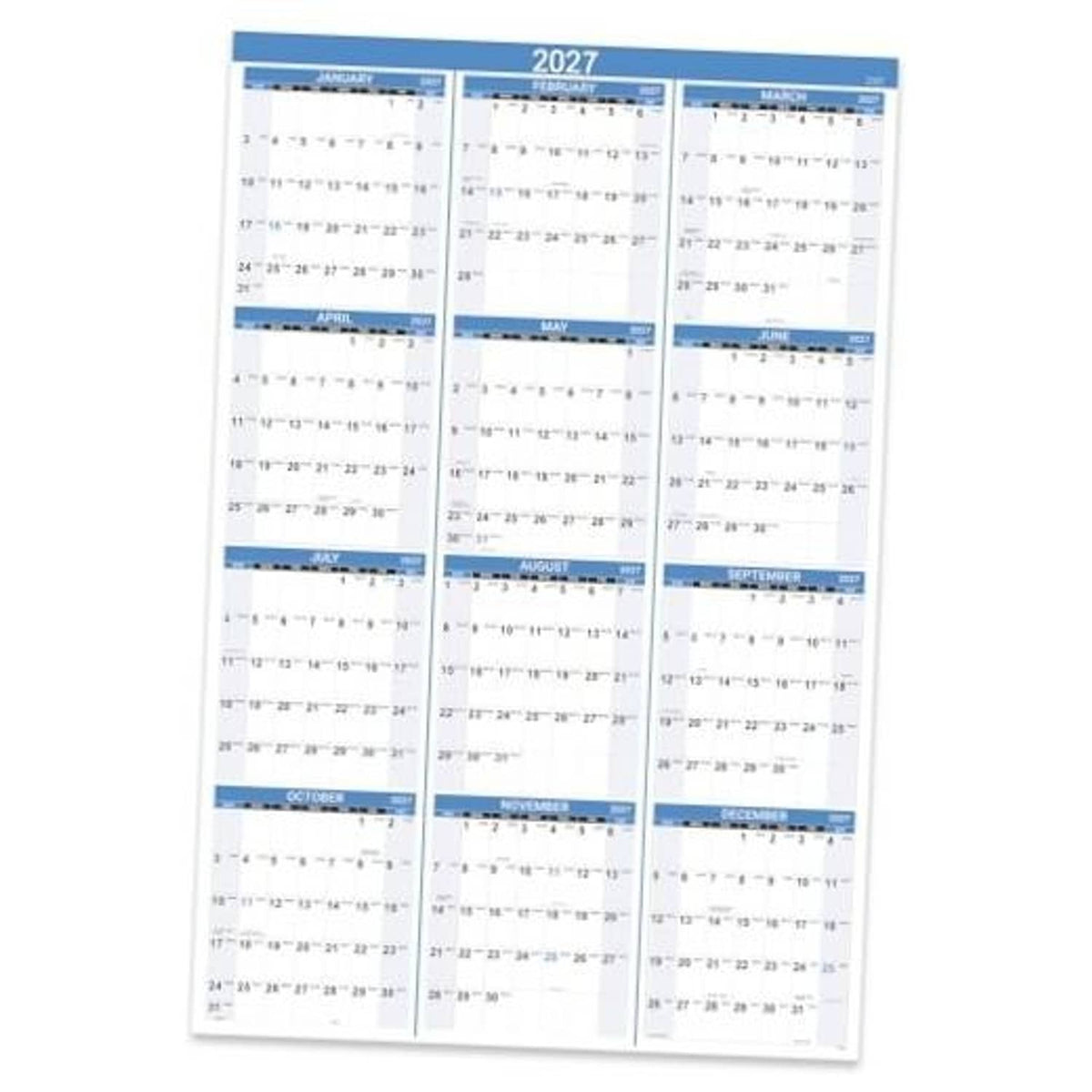 2027 wall calendar front view with blue month bars and twelve monthly panels.