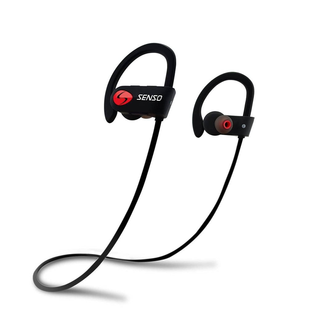 Black Bluetooth sports earbuds with mic, over-ear hooks and neck cable