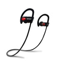 Black Bluetooth sports earbuds with mic, over-ear hooks and neck cable