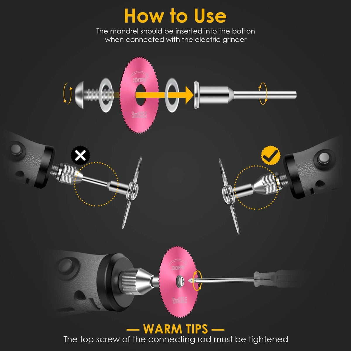 Pink circular cutting wheel with threaded mandrel showing fit and connection for rotary use