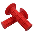 Pair of red motorcycle handlebar grips with textured non-slip rubber pattern