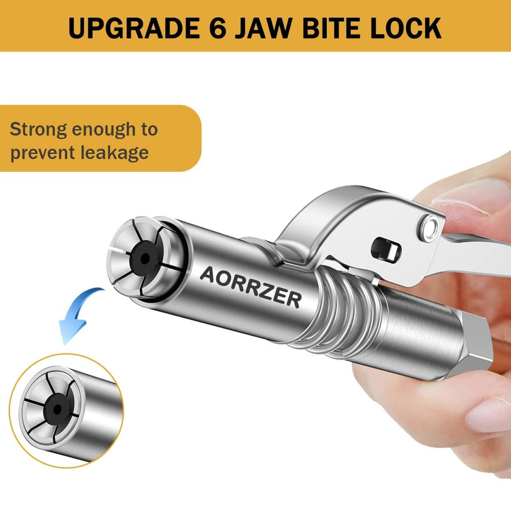 Silver grease gun coupler end with locking mechanism, held in hand