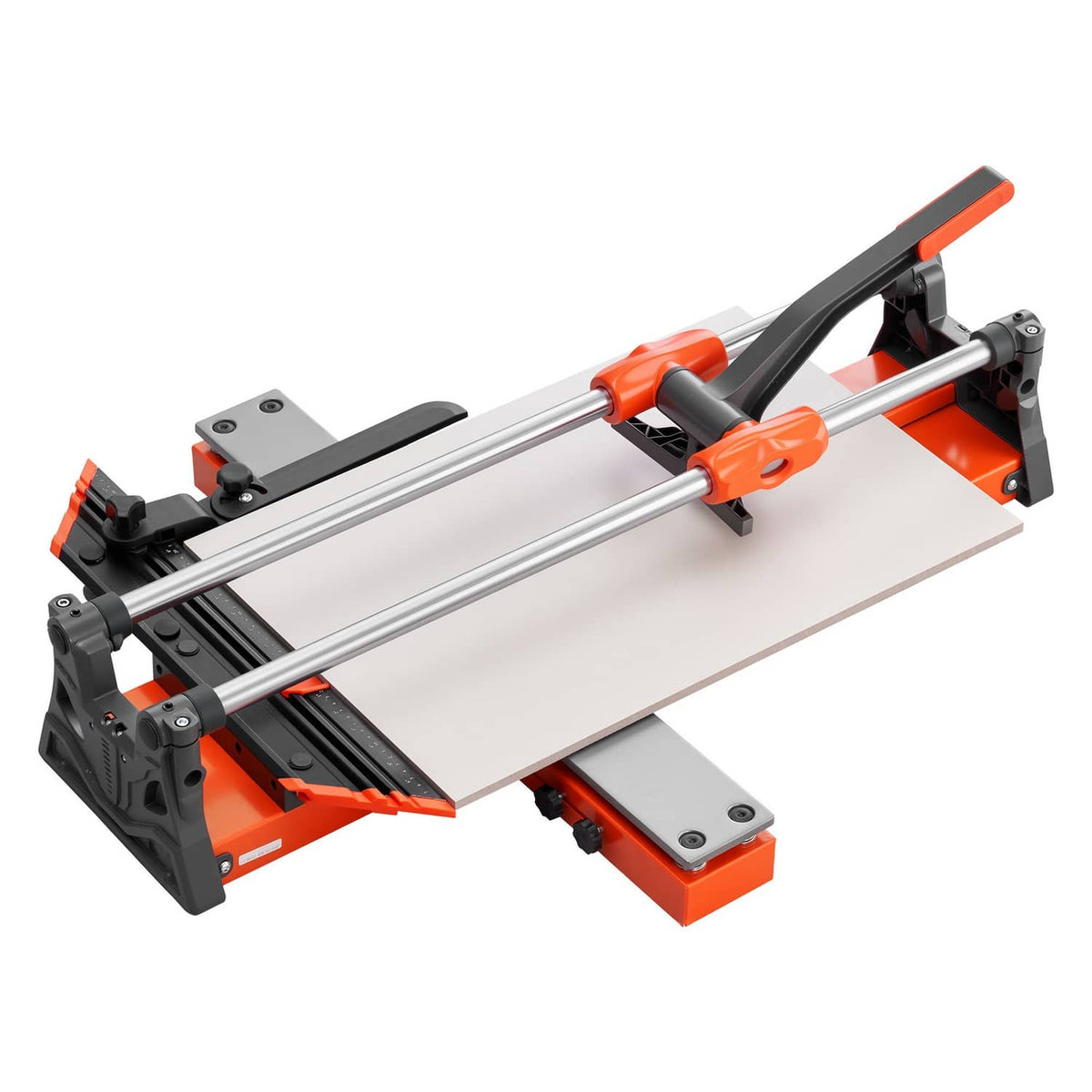 Manual tile cutter with handle and long metal rails, orange and black
