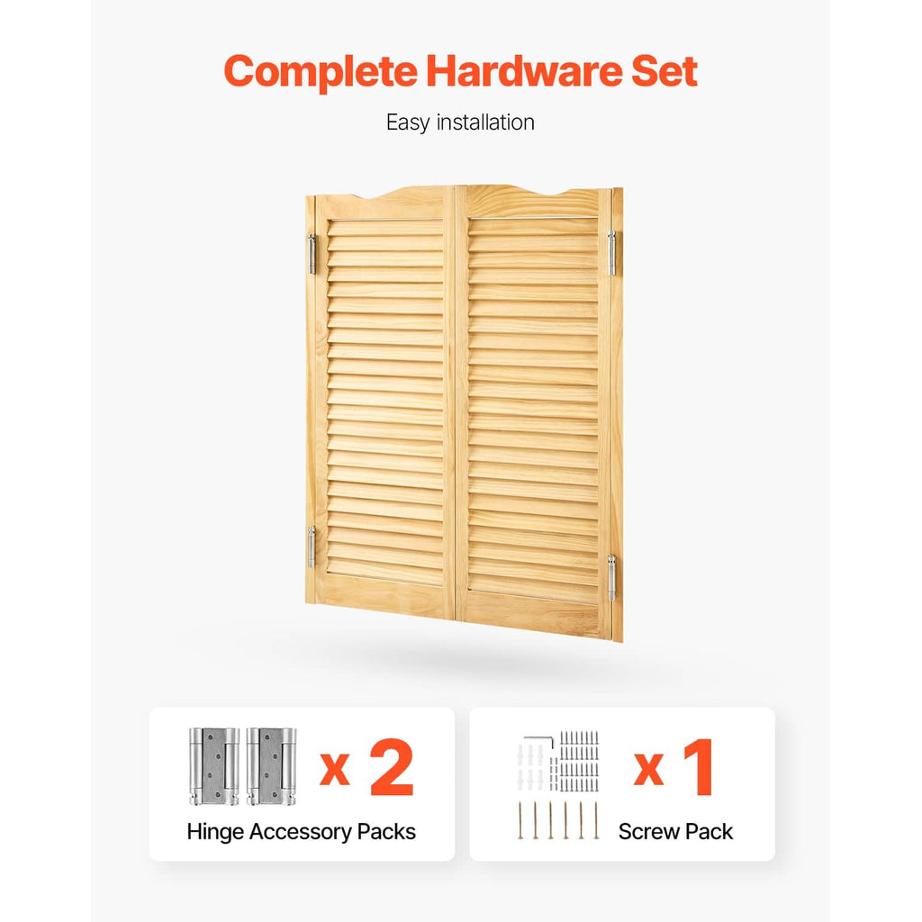 Pine wood double-swing saloon doors with shutter slats and included hinge accessory set