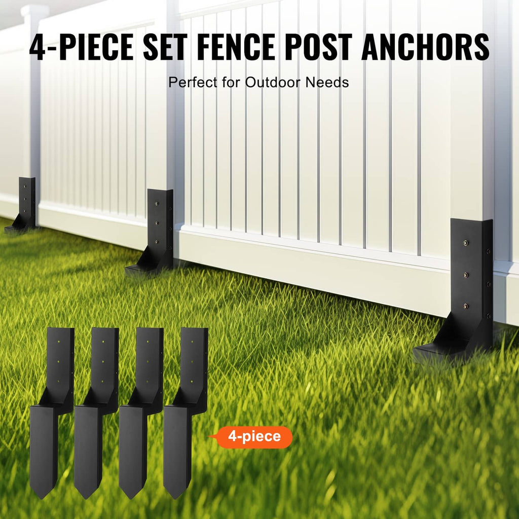 4-piece set of black fence post anchor stakes with mounting hardware plates