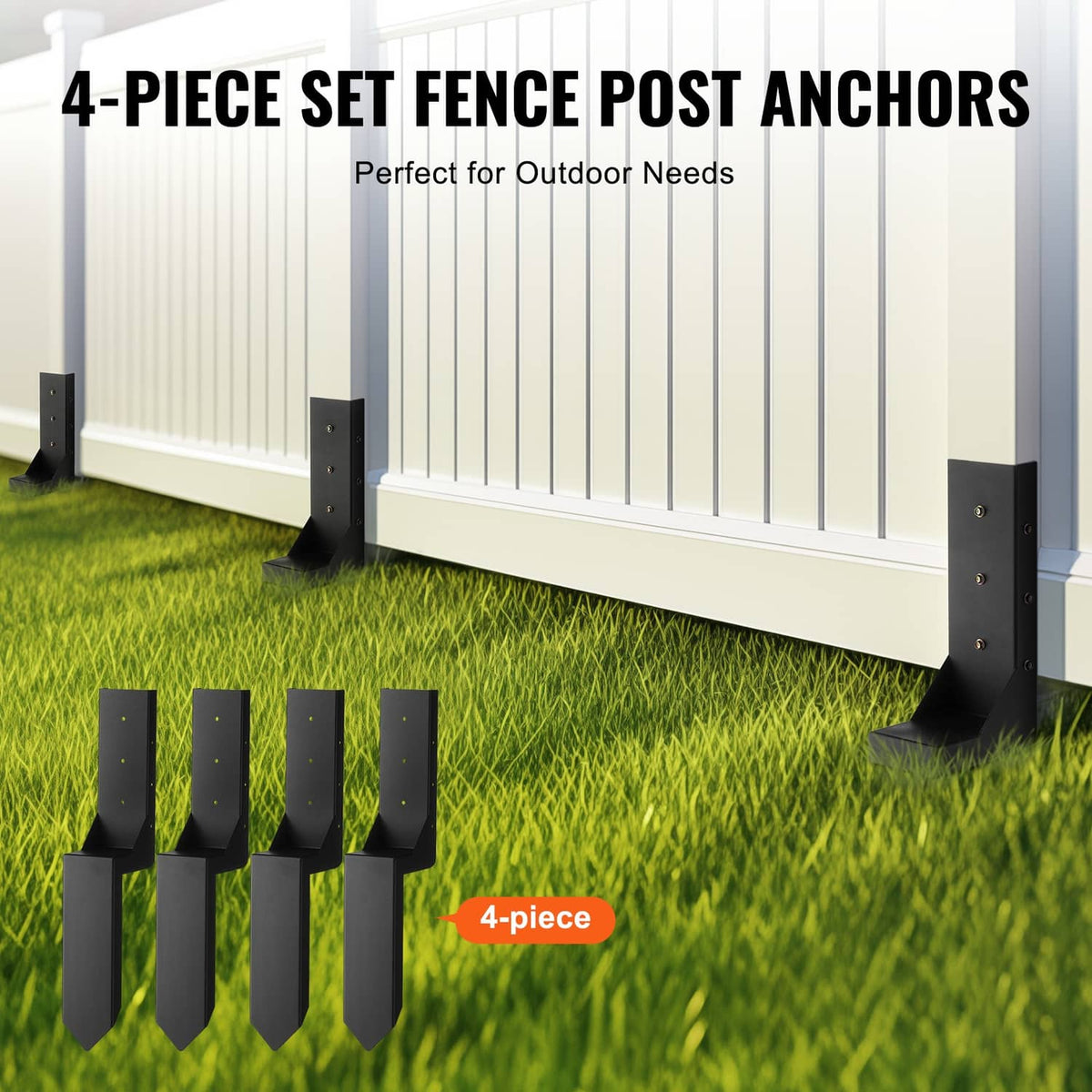 4-piece set of black fence post anchor stakes with mounting hardware plates