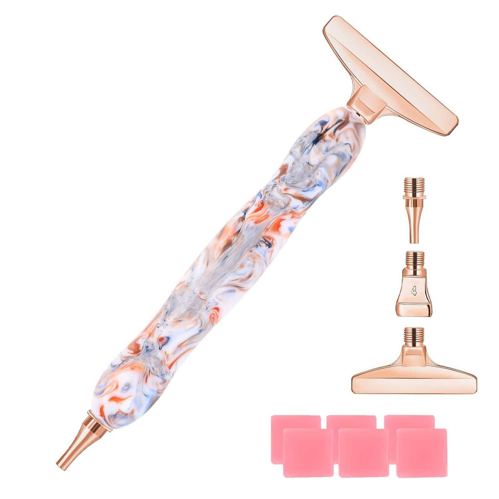 Diamond painting pen with screw-thread tip, swirled resin handle, rose-gold metal