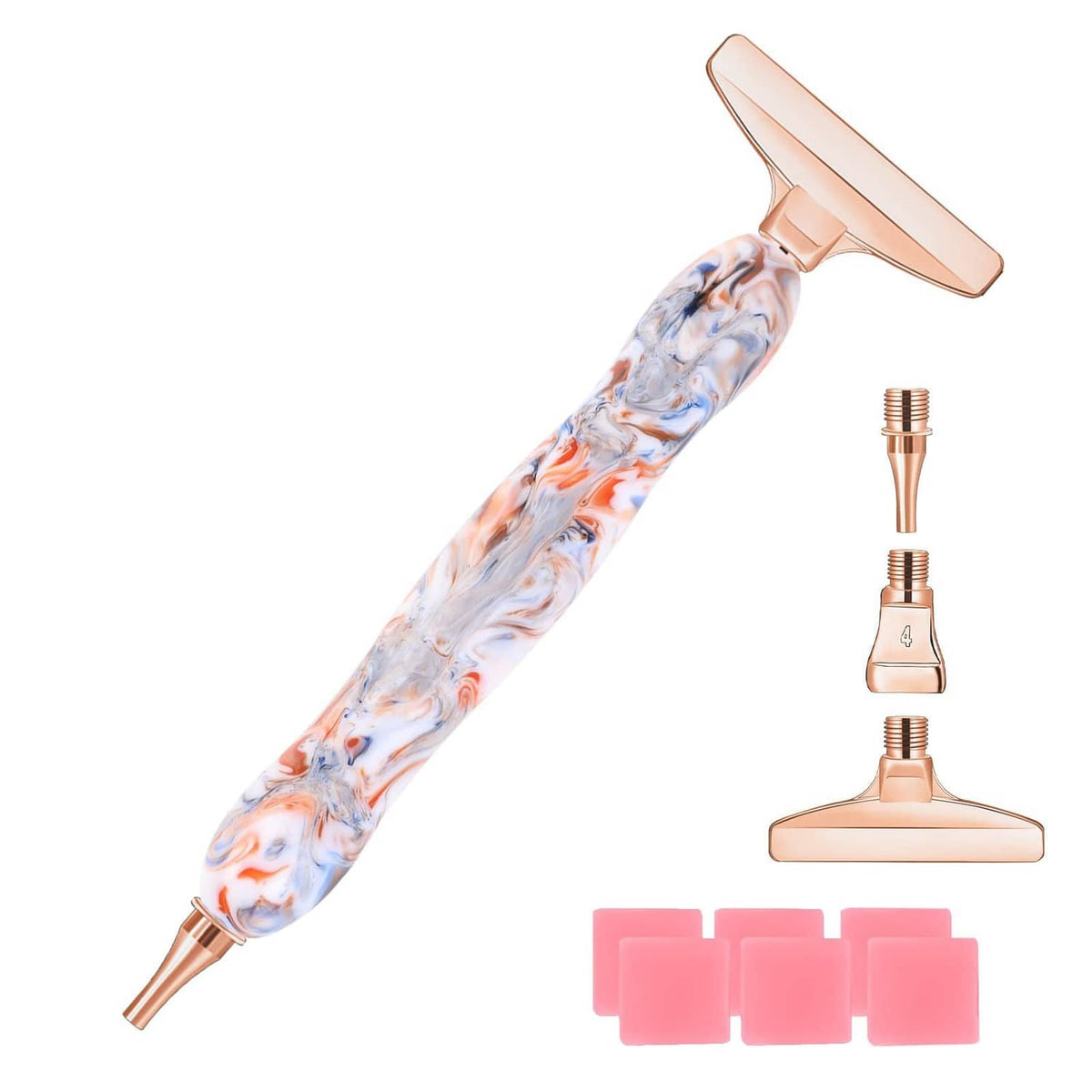 Diamond painting pen with screw-thread tip, swirled resin handle, rose-gold metal
