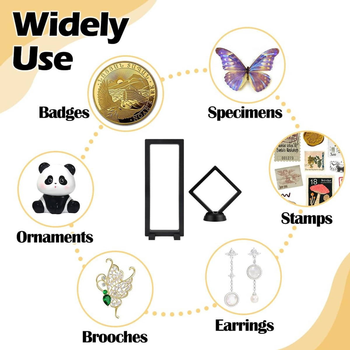 Black rotating display stand with clear window for badges, specimens, stamps, and ornaments