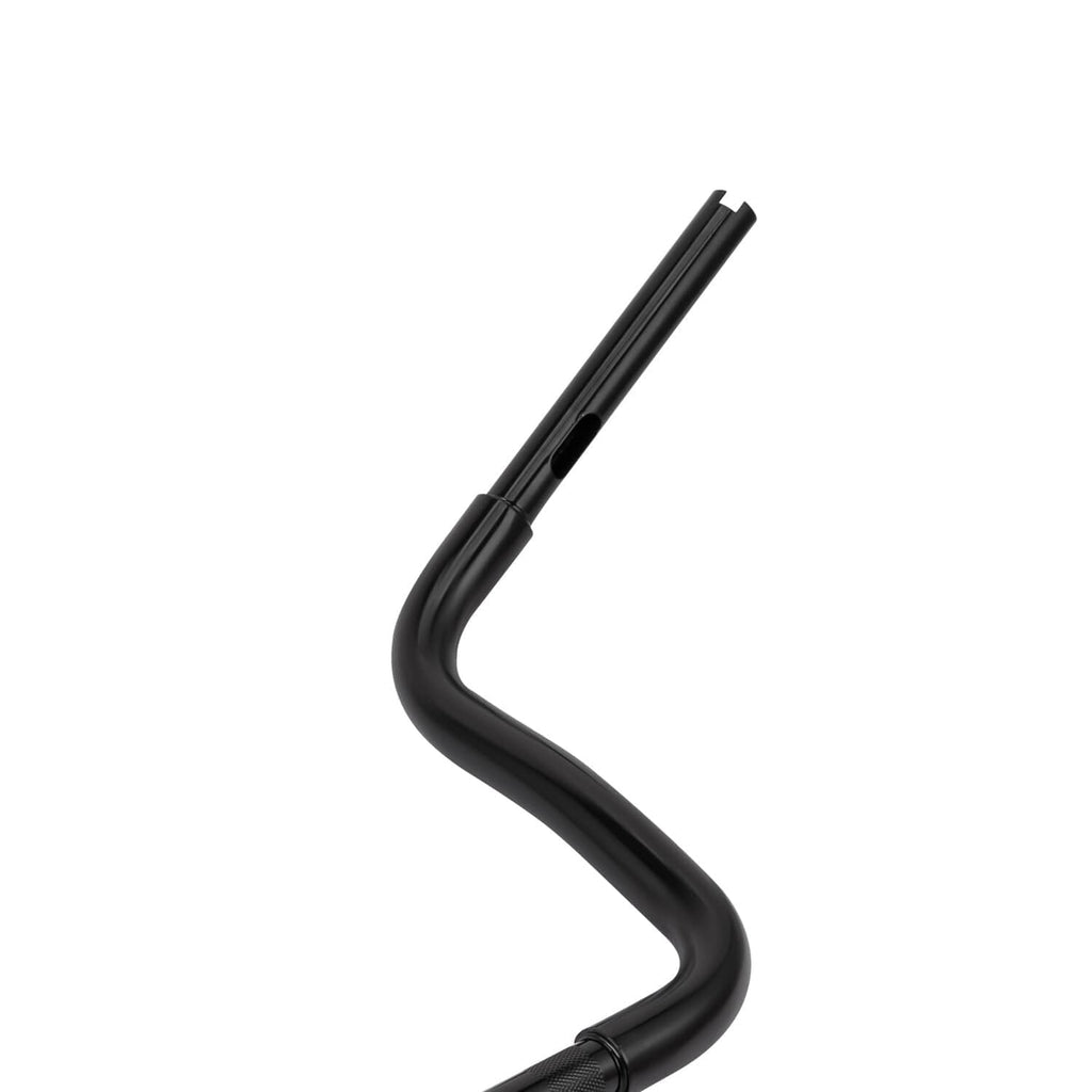 Black ape hanger handlebar, angled side view with stepped bend