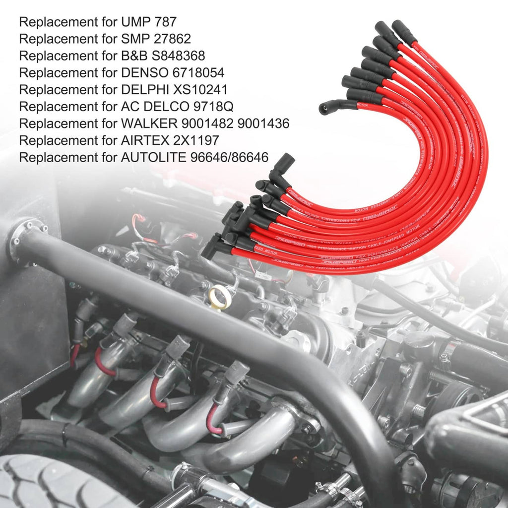 Red spark plug wire set with black boots, coiled and connected in loop