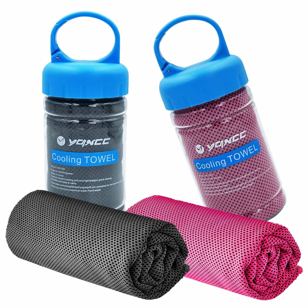 Cooling towels set, dark gray and rose red rolled towels with blue carry bottles