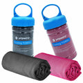 Cooling towels set, dark gray and rose red rolled towels with blue carry bottles
