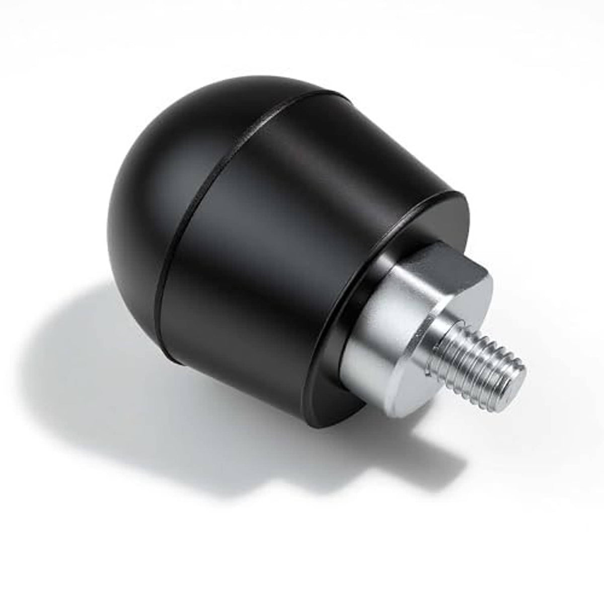 Black rubber bumper stop with silver collar and threaded stud, side view