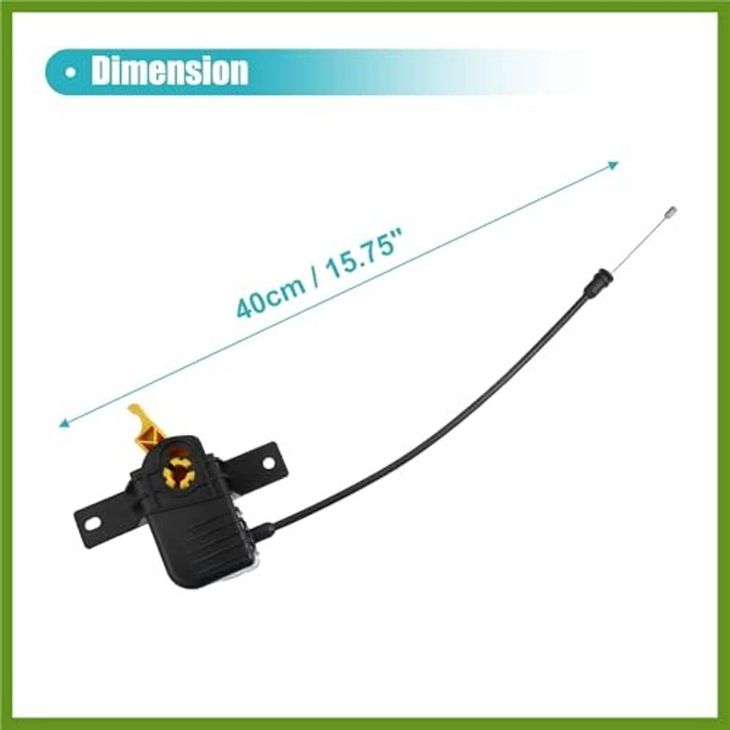 Hood release cable with yellow latch lever and black brackets, shown with length guide