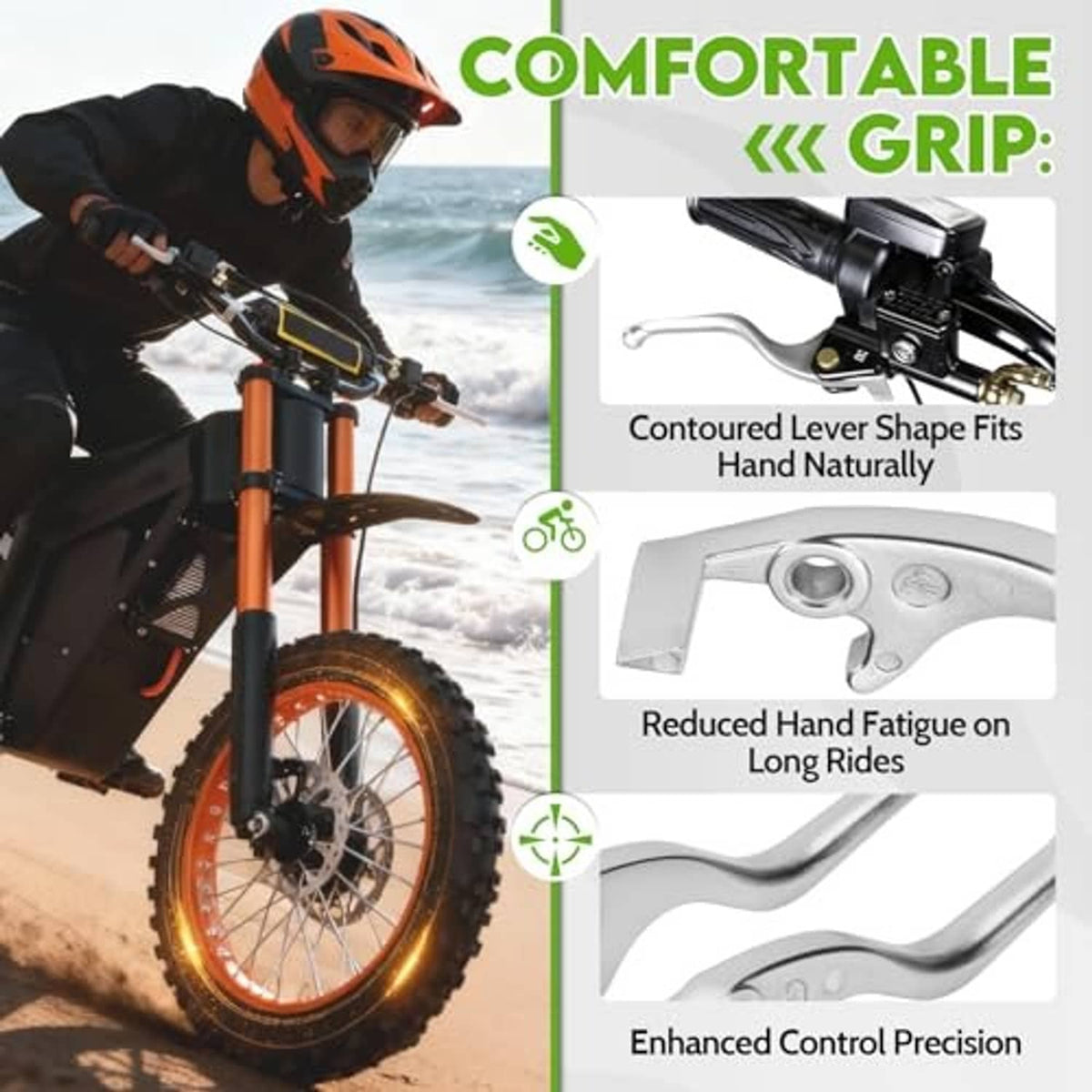 Chrome lever handbrakes with contoured grip shape for an e-bike
