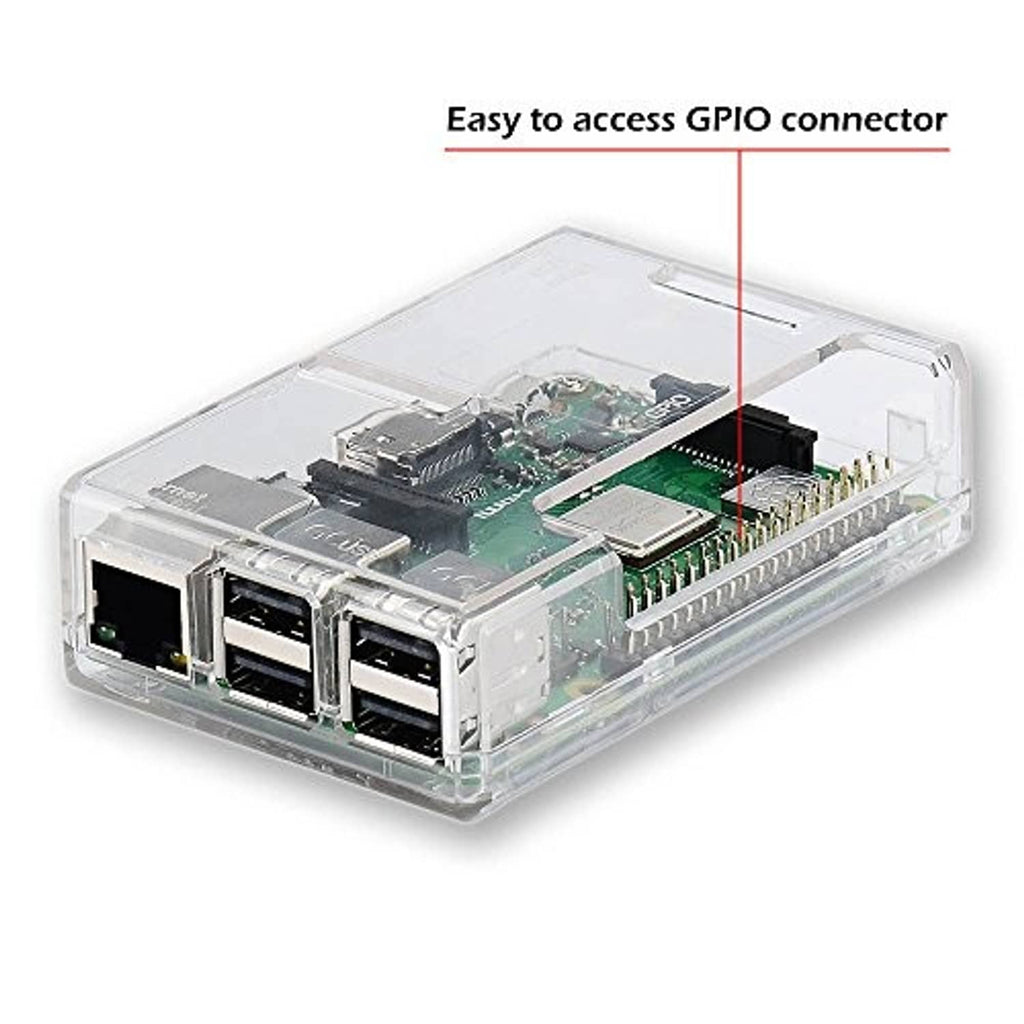Transparent Raspberry Pi 3B+ case with exposed GPIO header and connected circuit board