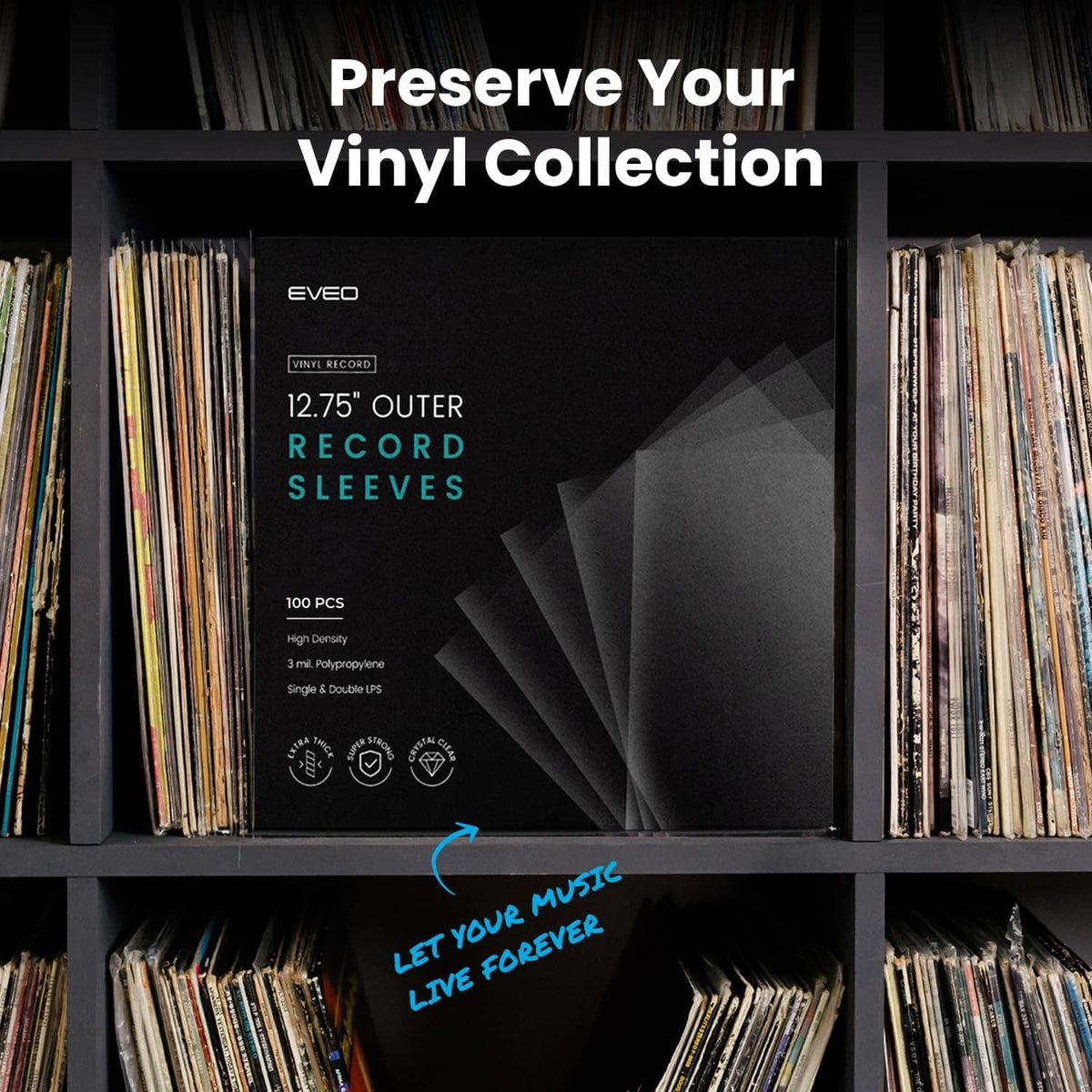 EVEO outer record sleeves displayed on shelves, clear plastic covers for vinyl.