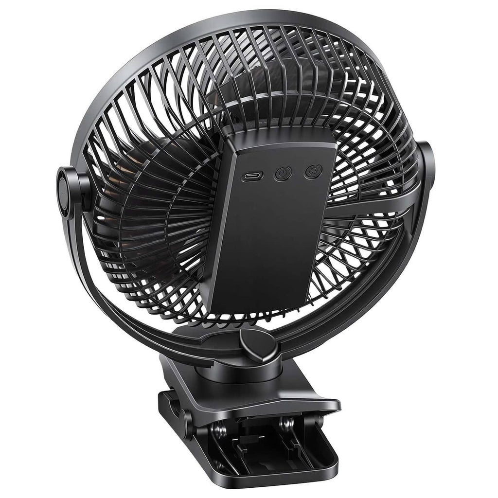 Black portable USB rechargeable fan with front grille and control panel