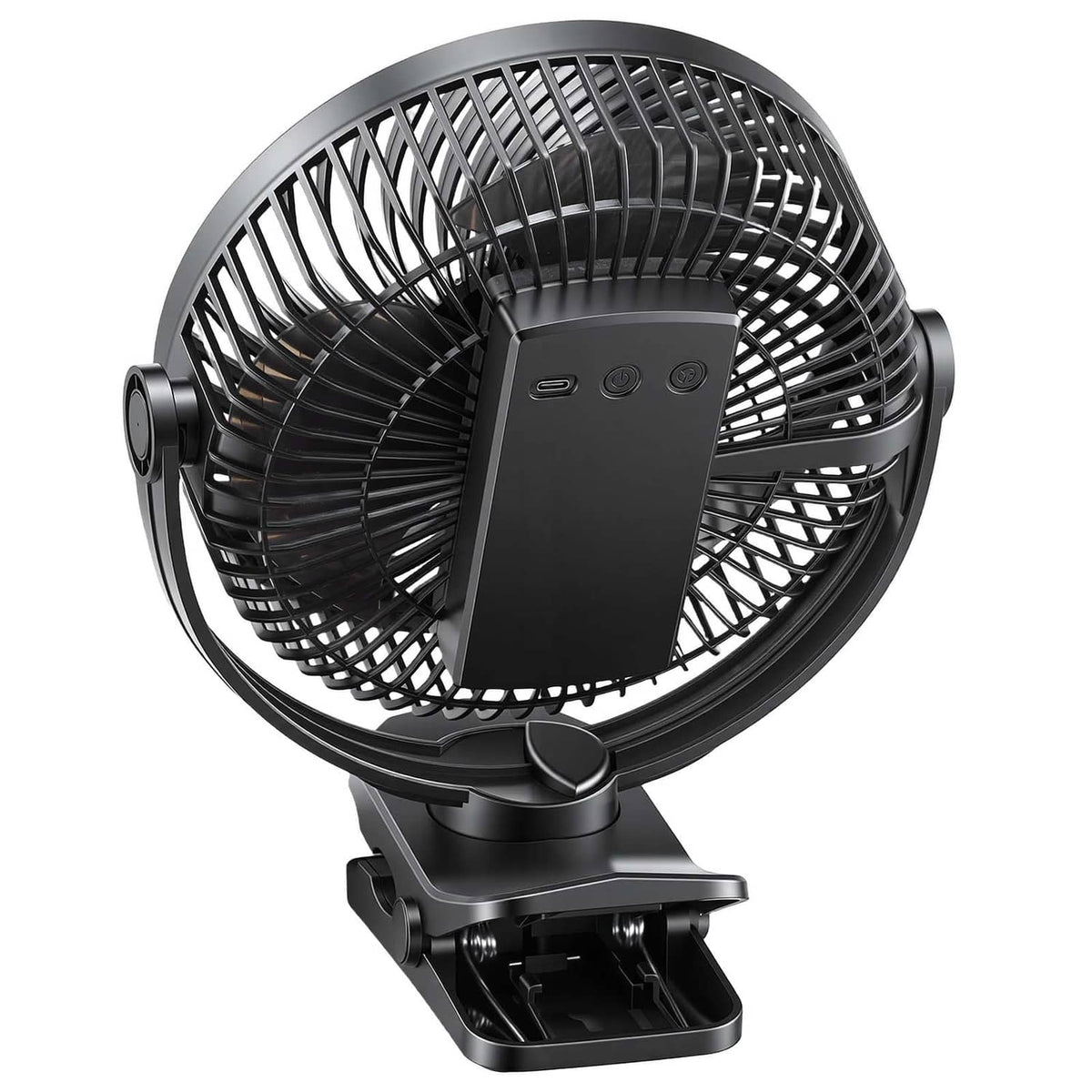 Black portable USB rechargeable fan with front grille and control panel