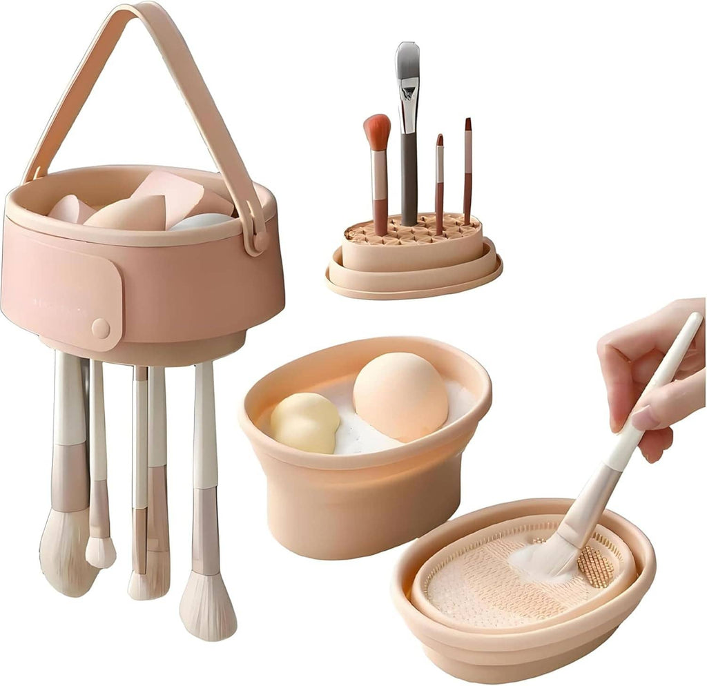 Makeup brush cleaner set with handle-mounted drying rack and wash basin, beige