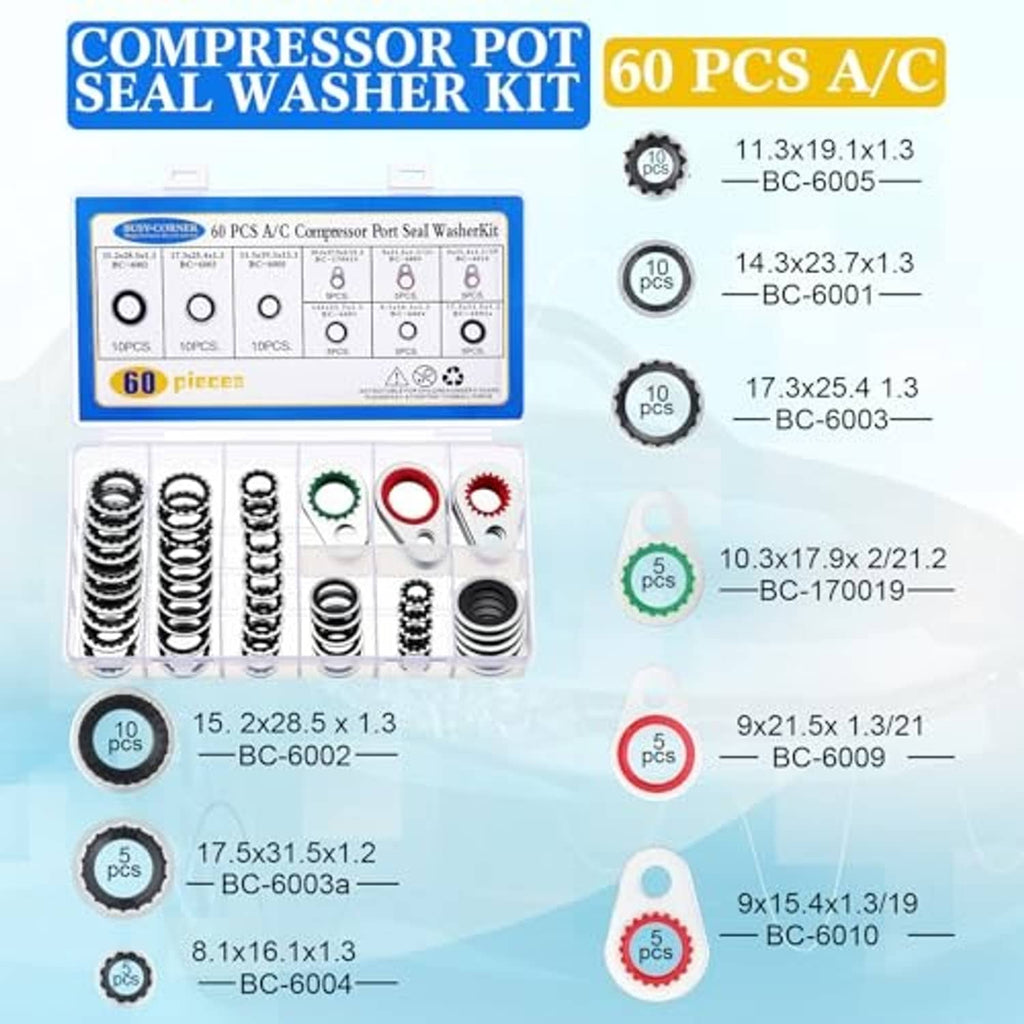 A/C compressor seal washer kit retail card with mixed seal washers and O-rings