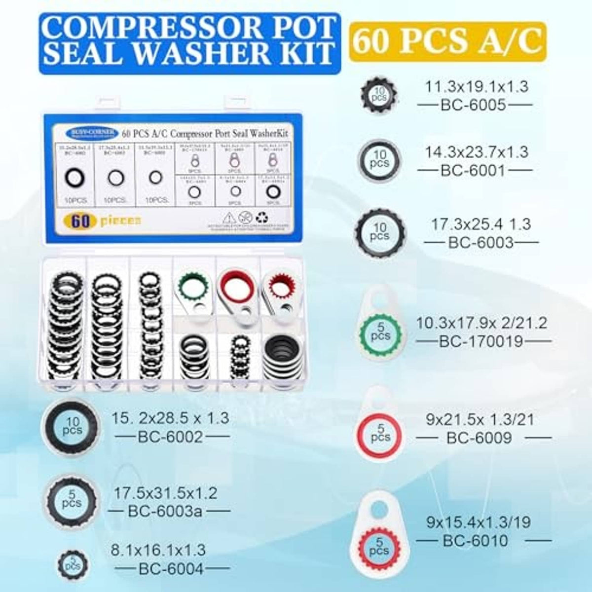 A/C compressor seal washer kit retail card with mixed seal washers and O-rings