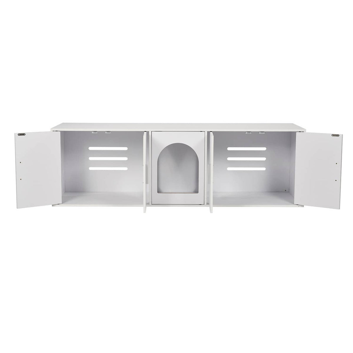 White cat litter box enclosure with doors opened to reveal interior litter tray space