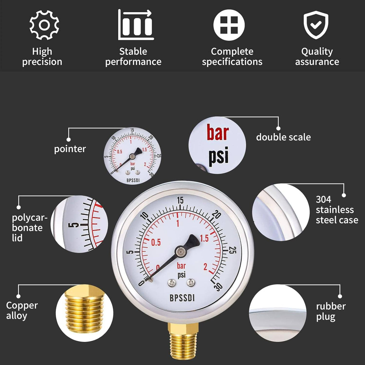 Low pressure gauge diagram with bar and psi dual-scale dial and stainless steel case