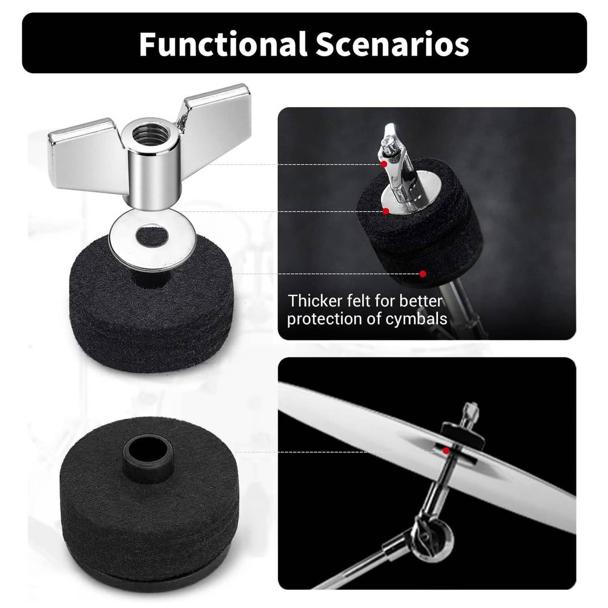 Black cymbal and clutch felt pads with center holes and metal wing nut parts