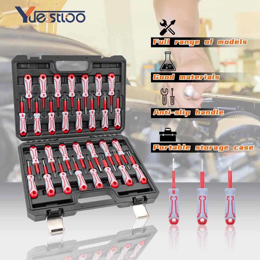 Portable universal terminal removal tool kit with red and gray pullers in case