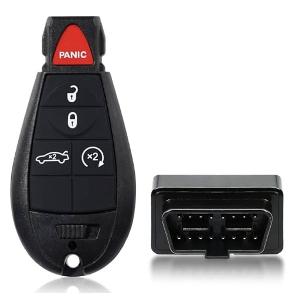 Black key fob remote replacement with button icons plus plug-in programming connector