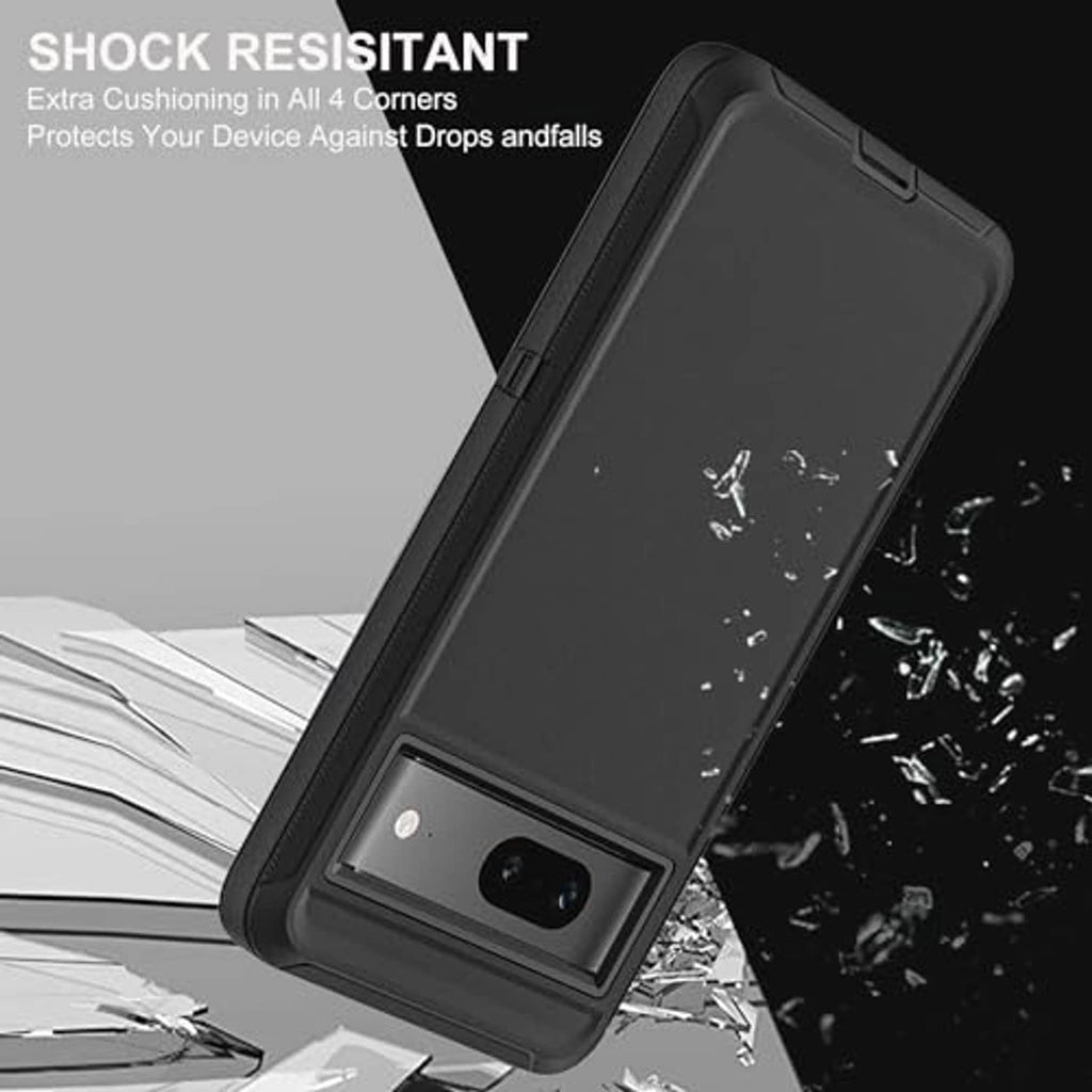 Black shockproof rugged phone case with corner cushioning and covered camera lens