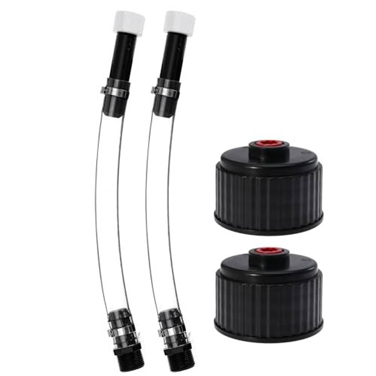 Fuel filler hose kit with two hoses and two black ribbed caps with red inserts