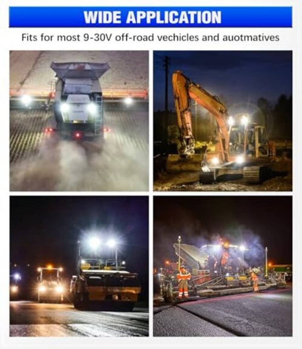 Two LED work lights shining bright white light on off-road vehicles at night