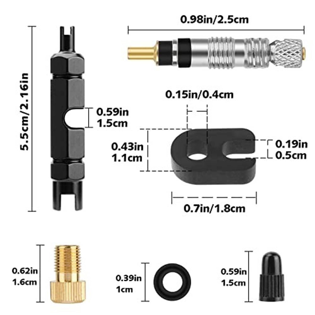 Valve core tool and spare parts with labeled dimensions, including O-ring seals