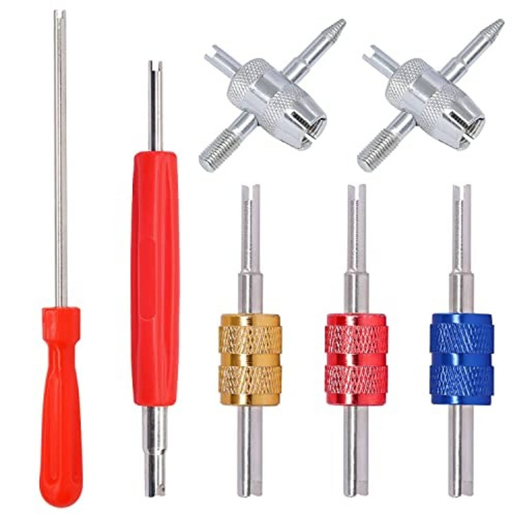 Valve core remover kit with red handle, silver tools, and four colored core heads (gold, red, blue)