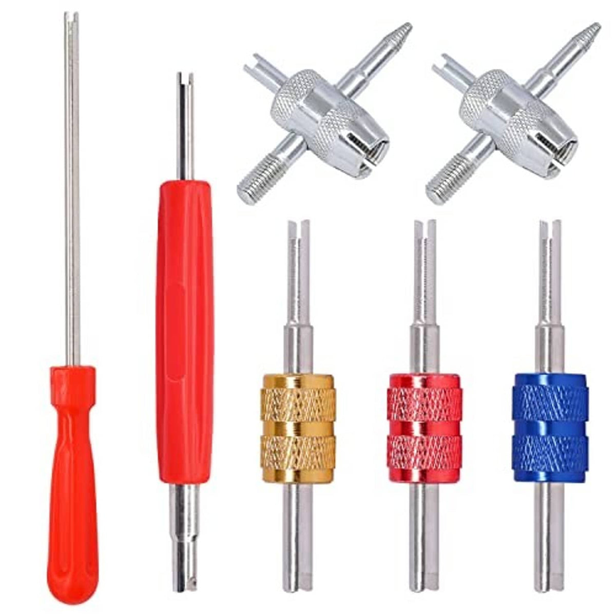 Valve core remover kit with red handle, silver tools, and four colored core heads (gold, red, blue)