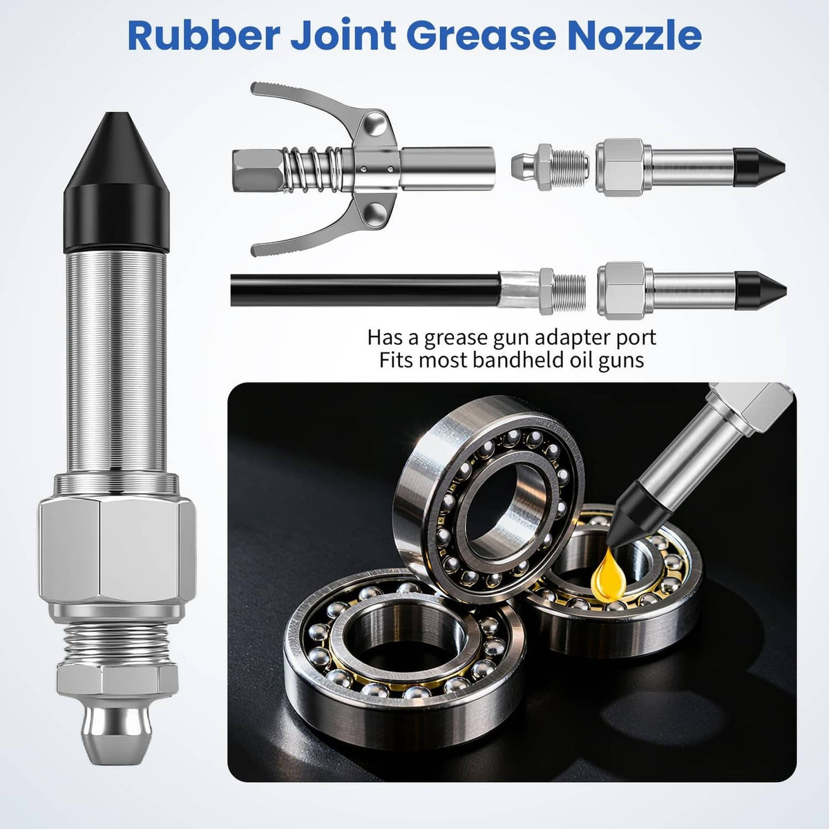 Grease gun needle nozzle with black rubber cone joint and silver threaded adapter
